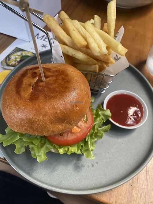 Eumundi Burger made vegan with vegan aioli & chips  at Cafe Noosa  in Noosa Heads