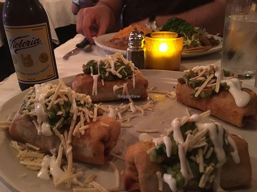 vegan mini chimichangas up front and tacos in the back at La Cantina in Chicago
