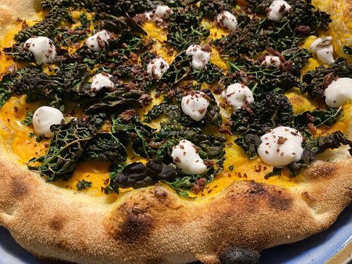 Orto di stagione: pumpkin cream, black cabbage, leeks, taggiasche olives powder, vegan mayonnaise  at Nuvole di Farina in Rome