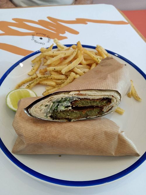 Green balls wrap with fries. at GNOU in Athens