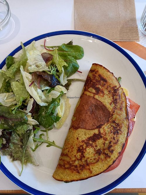 Wheat omelet with asparagus, tomato & gouda. at GNOU in Athens