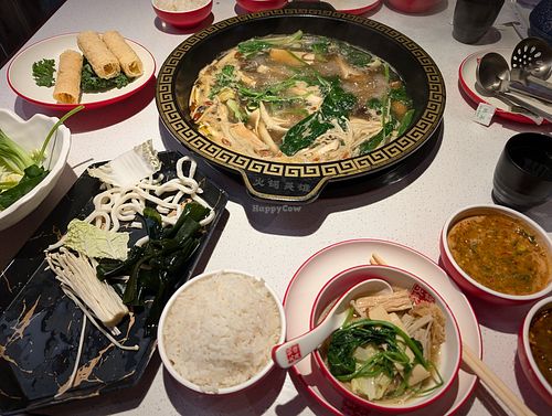 Enoki mushrooms, bok choy, sauces, rice. at Hot Pot Hero - Ellicott City in Ellicott City