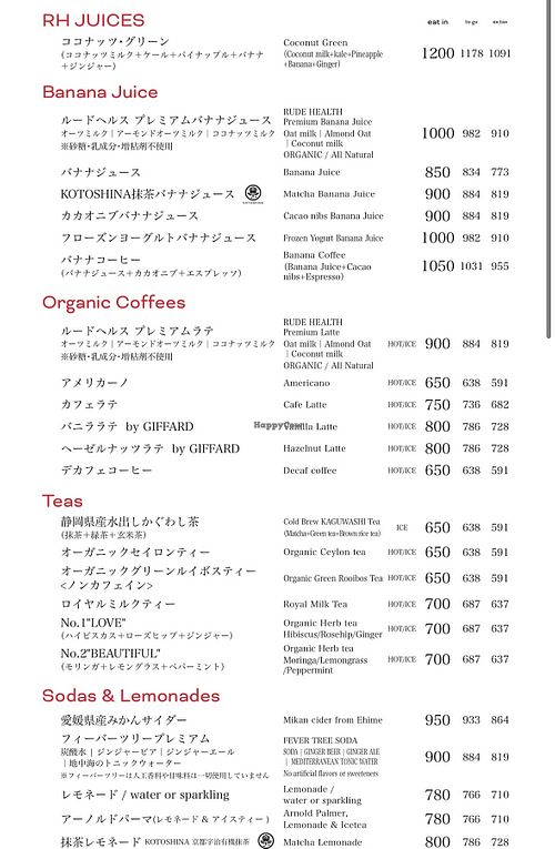 Menu  at RHC Cafe in Tokyo