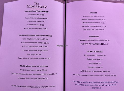 Menu 24th February 2025 at The Monastery Manchester in Manchester