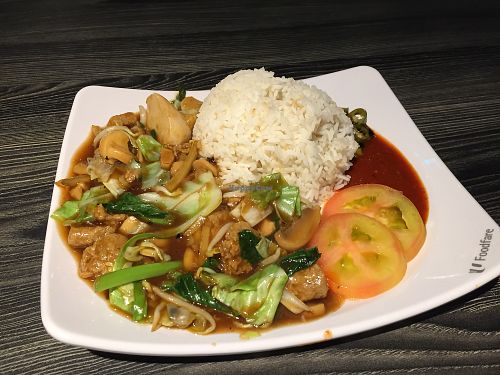 mock meat, veggies and rice  at Compassion Vegetarian Cuisine 慈悅素 in Central Singapore