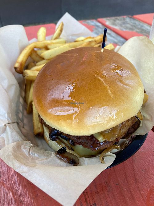 Plant based burger and fries at Dusty's Hideaway in Tacoma