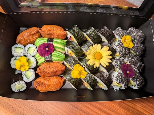 Top view of Sushi, showing they were arranged in a pattern at BBQ SUSHI MOMO in Gossau