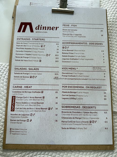 Dinner menu  at Mesa Cultural in Vila Baleira
