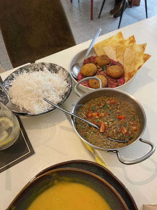 Vegetable soup, lentils, basmati rice and beetroot hummus with falafel.  at Mesa Cultural in Vila Baleira