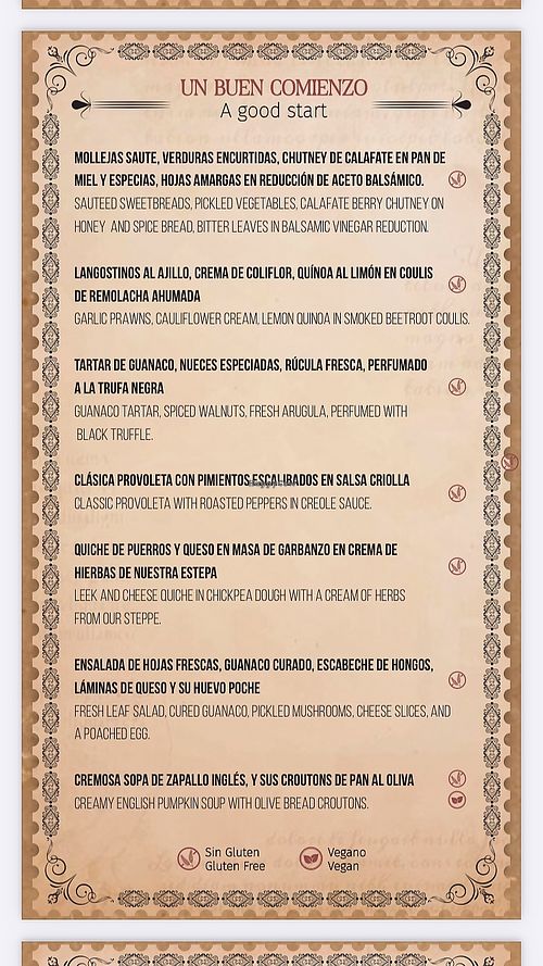 Appetizer menu  at La Zaina in El Calafate