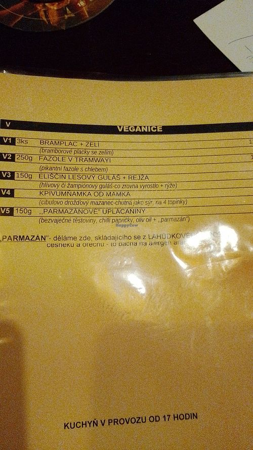 Veganské možnosti na jídelním lístku at První Pivní Tramway in Prague