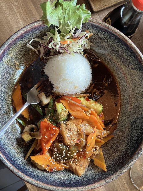 Tofu and veggies with brown sauce and ricee  at Ha Noi Xua  in Eschwege