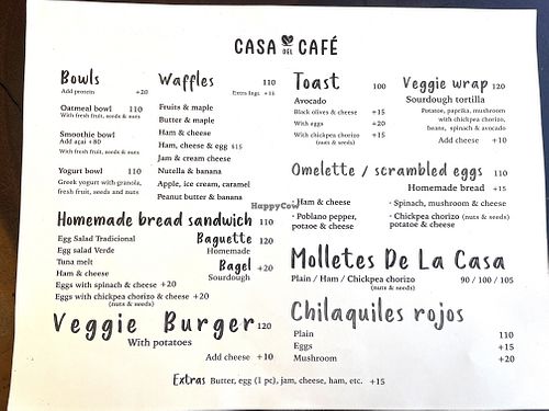 Food menu  at Casa del Café in Huatulco