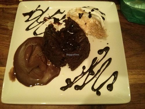 chocolate cake with coconut ice cream and chocolate ice cream, yummy at Green Shack in Tel Aviv