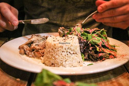 grilled oyster mushrooms with rice at Bio Solo Organico in Buenos Aires