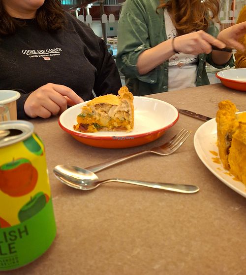 Sideview of slice of layered veg pie with flaky pastry. at Cath's Cornish Kitchen - Maybe closed in Redruth