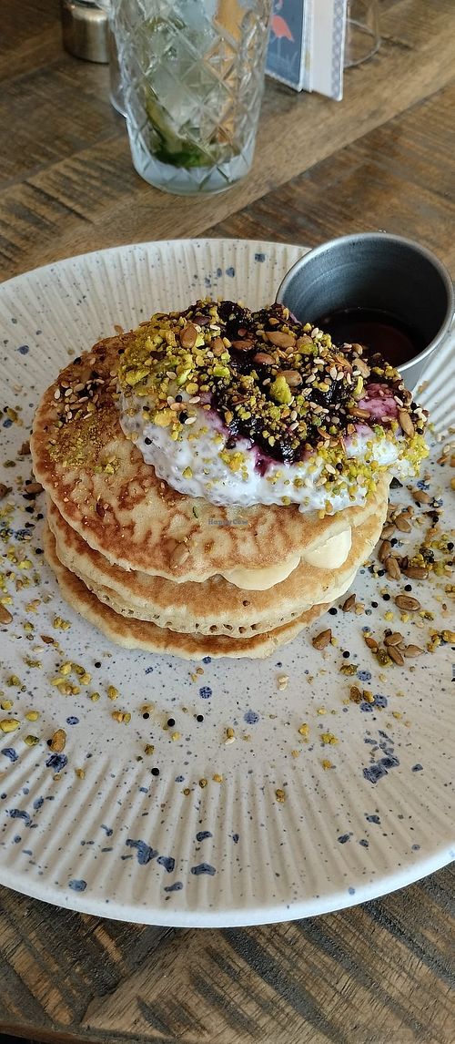 Vegan blueberry pancakes with chía and peanuts at Megan's on West Street in Farnham
