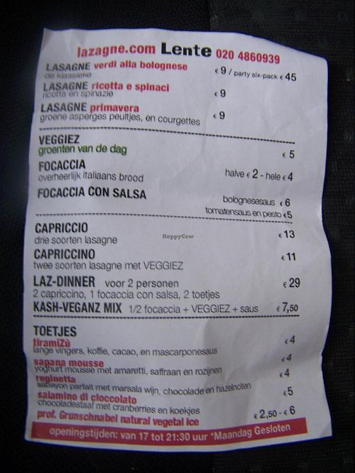 Partial menu, 2014 at Lazagne in Amsterdam