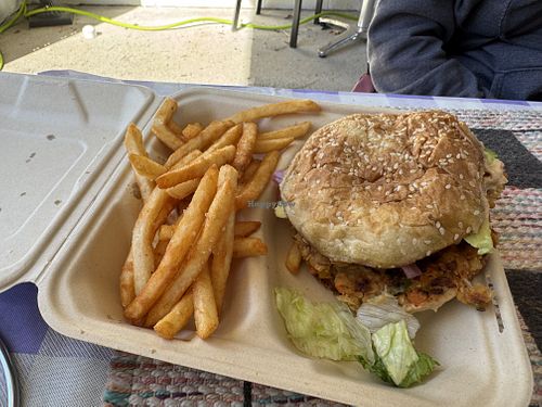 Chickpea sandwich and great French fries  at Royall Vegan in Fletcher