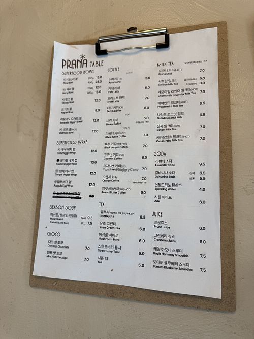 menu  at Prana Table in Seoul