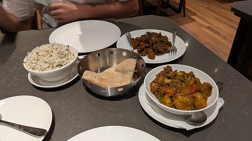 Jeera rice, chapati, soya chunk fry, aloo Gobi (requested vegan) at Rice Boat Pure Vegetarian Restaurant in Alappuzha