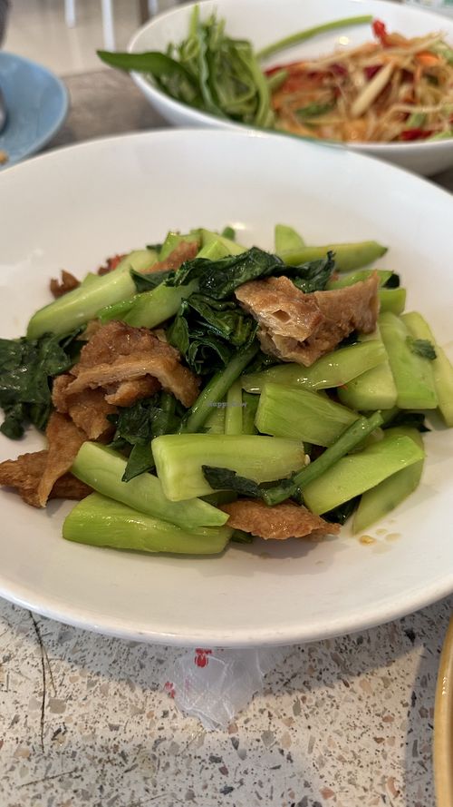 Chinese broccoli stir fried with mock pork  at Guan Im - Ubon in Ubon Ratchathani
