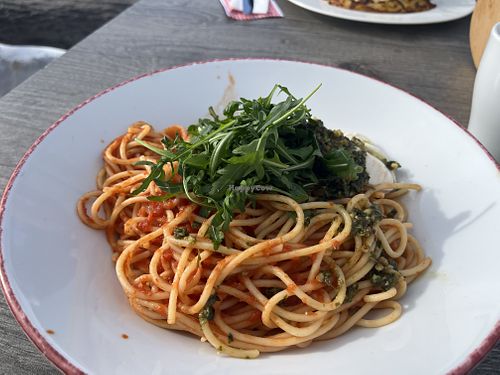 Vegan Spaghetti (with Mozavella, tomato sauce, basil pesto and rocket)  at Chüestall Blausee in Riederalp