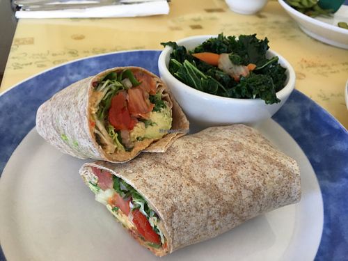 Avocado veggie wrap, all vegan with steamed (no oil kale)- YUM. at Cafe Evergreen in Nokomis