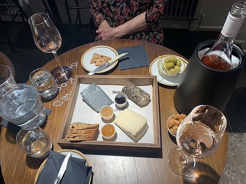 I Am Nut, Ok? C'e Dairy, Nerominded Truffle, Crack on Pepper Log with crackers & 3 x varieties of chutney. Clearly labelled Vegan wines. ❤️  at French & Day Delicatessen in Ware