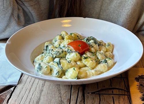 Spinach gnocchi with vegan cream at Hotel Centrum Harrachov in Harrachov