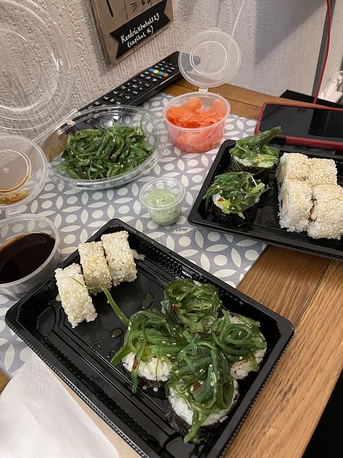 California tofu rolls and volcano tofu rolls (after I split them between the two trays). Seaweed, soya sauce, ginger & wasabi.  at Wasabi Takeaway in Llandudno