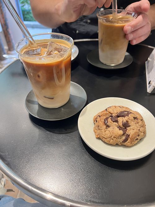 Iced latte with oat milk and a vegan chocolate chip cookie  at Mon Loup in Paris