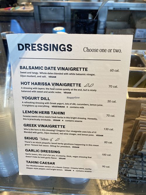 Lots of housemade vegan dressing options!  at CAVA in Boulder