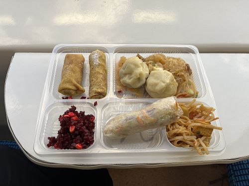 Non-spicy kung pao, pancakes, summer roll, dumplings with tofu and beetroot for 314 Kč   at Dhaba Beas - Hlavni nadrazi  in Prague