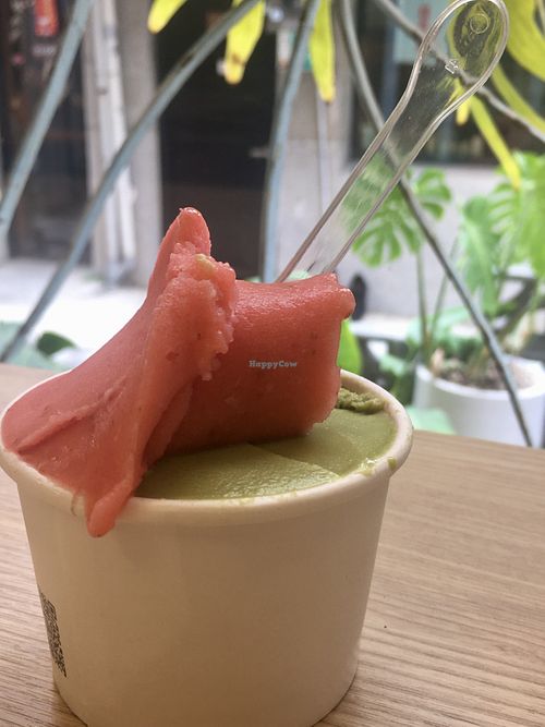 Dahu strawberry vegan sorbet and coriander and peanut vegan ice cream  at Full House in Tainan