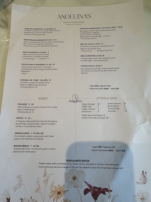 Vegan & Vegetarian breakfast menu  at Angelina's in Snodland