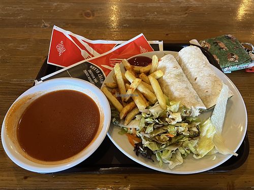 Tomato soup and falafel wrap  at Mozart Cafe in Ankara