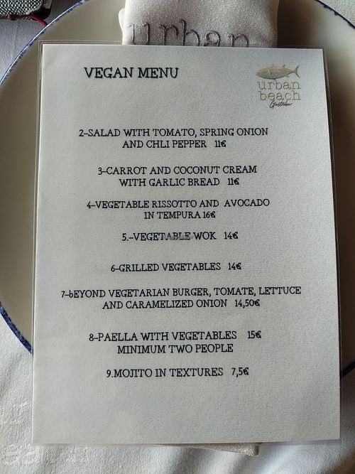 Seperate vegan options at Urban Beach Gastrobar in Benidorm