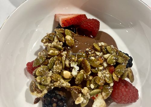 - MOUSSE
Valrohna Carabe chocolate, ancho chile, pumpkin seed candy, strawberry  at Sage In Bloom - Pop Up in Pensacola