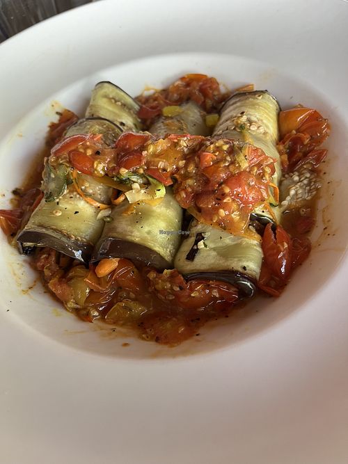 Vegan Aubergine Canelloni. The owner picked me a leaf off the special oregano plant they grow in the garden, and idk if it’s that, or the fresh picked tomatoes or WHAT but WOW  at The Grand Mango Restaurant in Tola