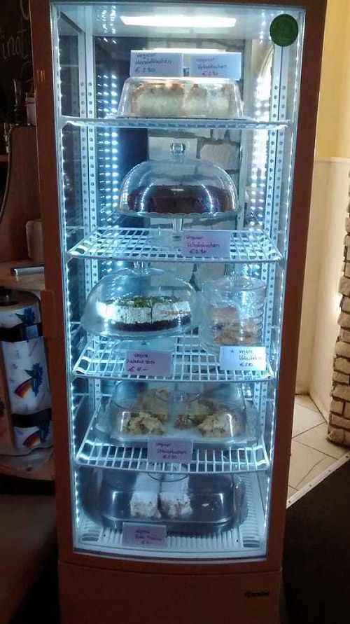 Fridge of vegan cakes at Kaspar Hauser in Ansbach