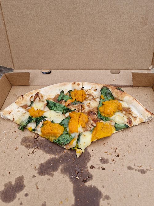 Vegan pizza (pumpkin, spinach, caramelized onion) at Nora's Pizza House in Rye
