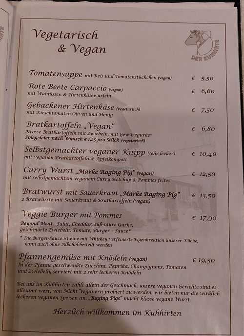Speisekarte at Der Kuhhirte in Bremen