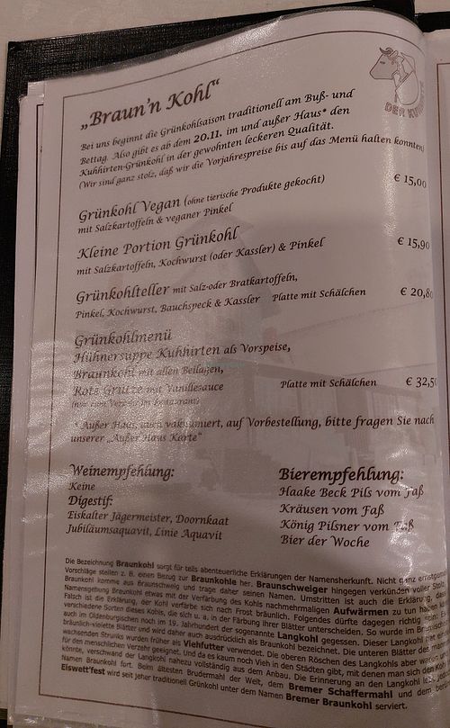 Speisekarte at Der Kuhhirte in Bremen