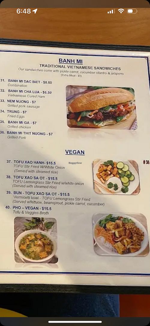 Vegan section on menu  at Pho Ngon in Charlotte