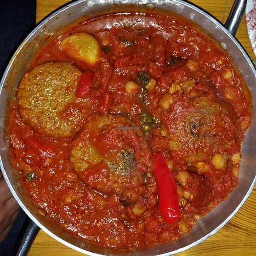 Tofu patties in Moroccan 'hareimeh' spicy sauce  at Nanuchka in Tel Aviv