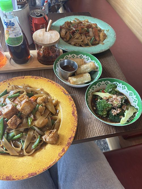 Drunken noodles, spring roles and side of broccoli  at Rosa's  in Leamington Spa