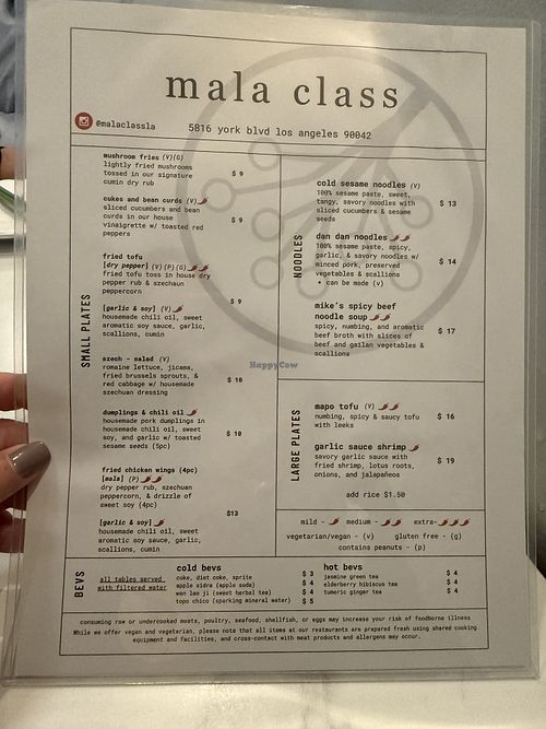 Menu  at Mala Class in Los Angeles