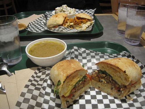Back : potato salad, maple pie and vegan pulled pork sandwich

Front : maple and tempeh sandwich (amazing).

This was ordered at the Petit Végo. at Resto Vego in Montreal