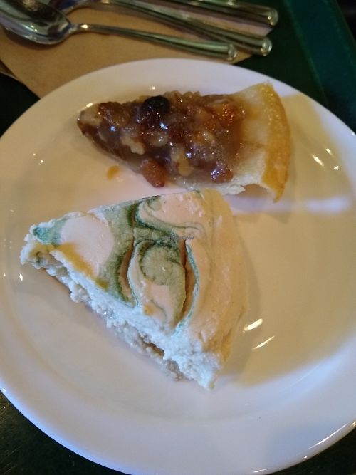 Key lime cheesecake and raisin tart at Resto Vego in Montreal